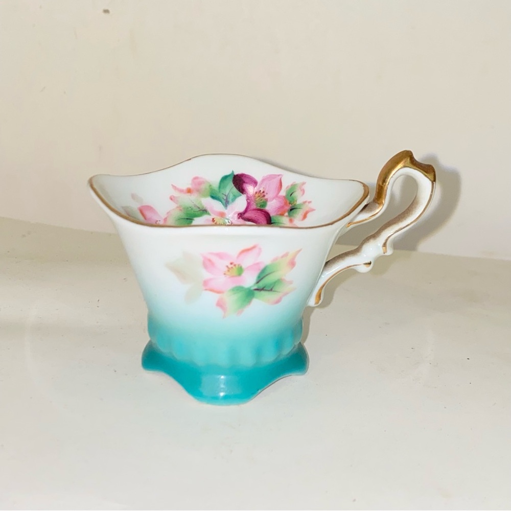 Vintage Hand Painted Floral Demitasse Tea Cup by MK Japan Teal with Gold Trim